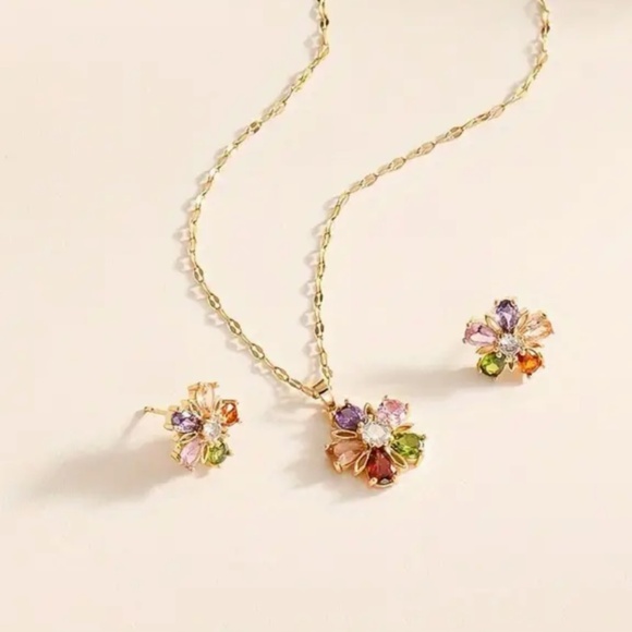 Multicolor Floral Necklace & Earrings with Zirconia & Gold Color details - Picture 2 of 7